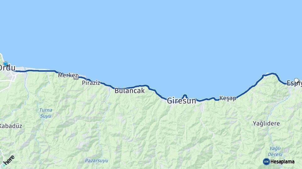 Ordu Espiye Giresun Arası Kaç Km - Yol Haritası