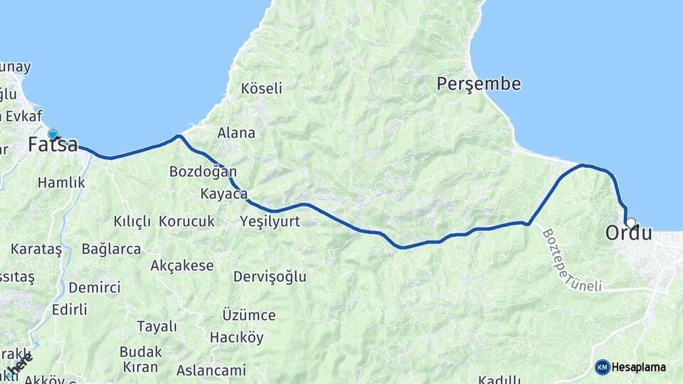 Ordu Fatsa Altınordu Arası Kaç Km - Yol Haritası