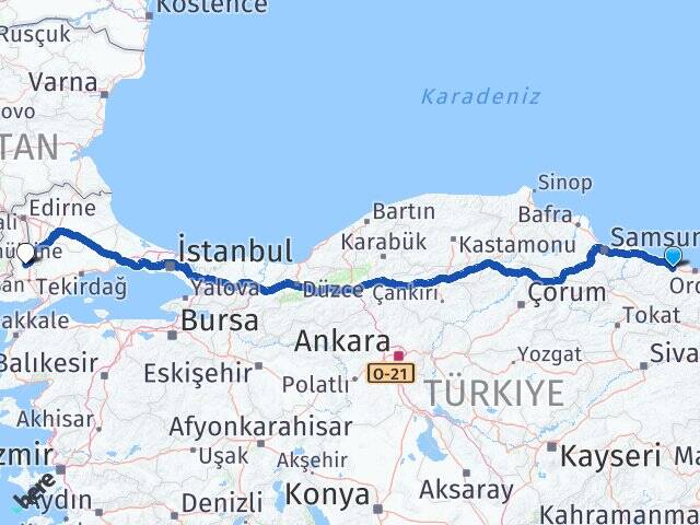 Ordu Fatsa Altınyazı Uzunköprü Edirne Arası Kaç Km - Yol Haritası