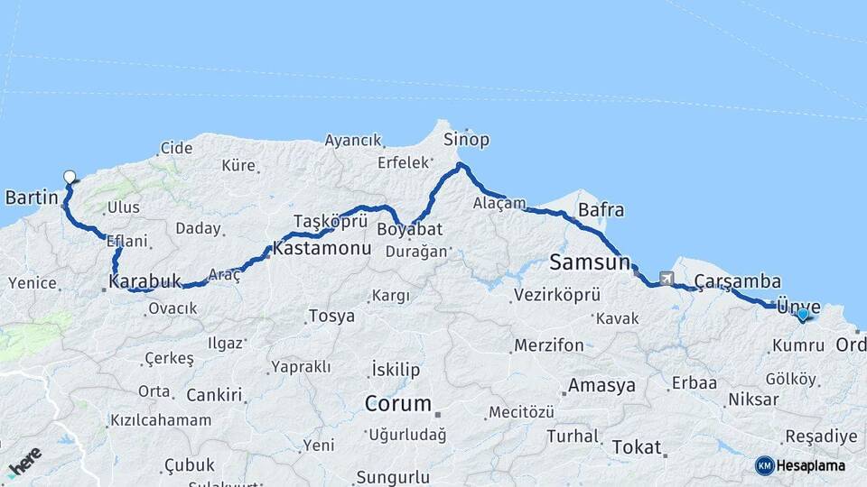 Ordu Fatsa Amasra Bartın Arası Kaç Km - Yol Haritası
