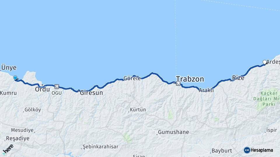 Ordu Fatsa Ardeşen Rize Arası Kaç Km - Yol Haritası
