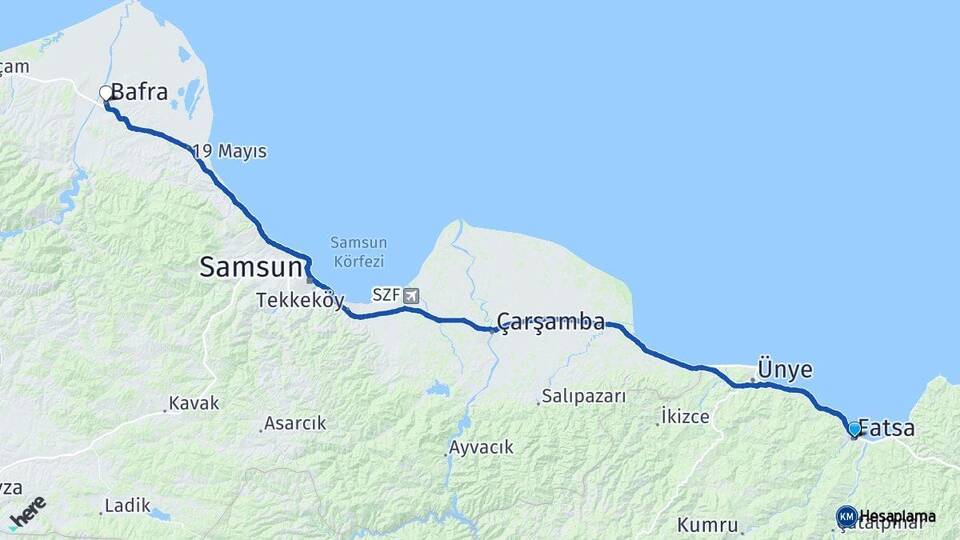 Ordu Fatsa Bafra Samsun Arası Kaç Km - Yol Haritası