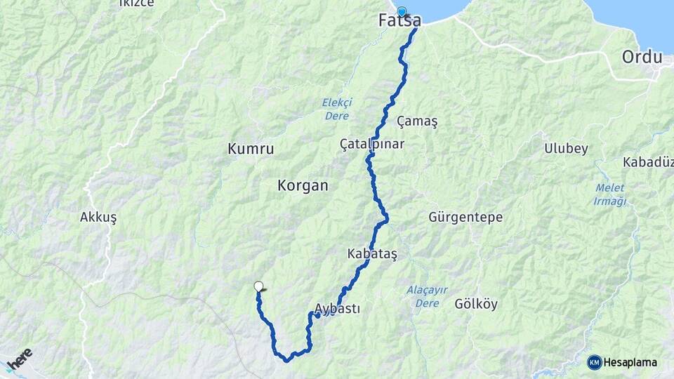 Ordu Fatsa Beypınarı Korgan Arası Kaç Km - Yol Haritası