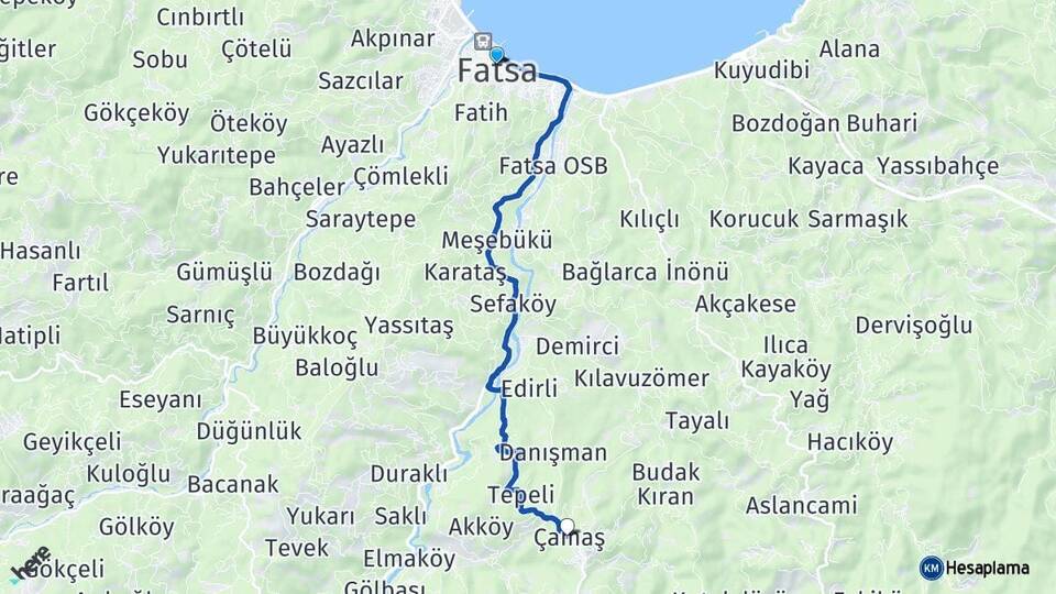 Ordu Fatsa Çamaş Arası Kaç Km - Yol Haritası
