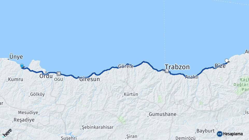 Ordu Fatsa Çayeli Rize Arası Kaç Km - Yol Haritası
