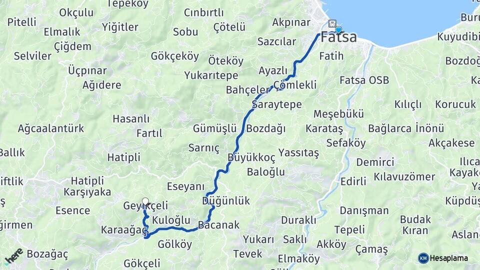 Ordu Fatsa Geyikçeli Fatsa Arası Kaç Km - Yol Haritası