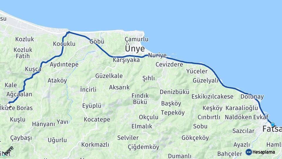 Ordu Fatsa İkizce Arası Kaç Km - Yol Haritası