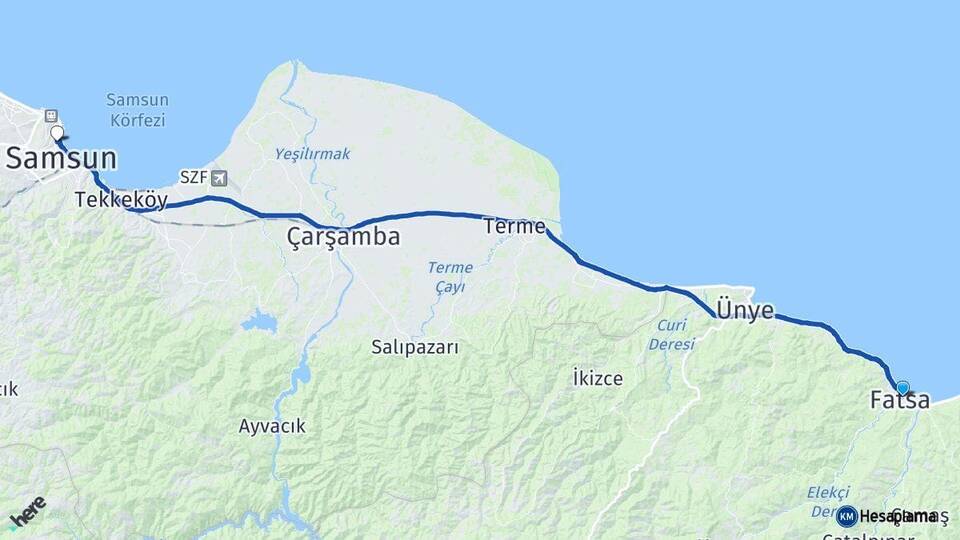 Ordu Fatsa İlkadım Samsun Arası Kaç Km - Yol Haritası