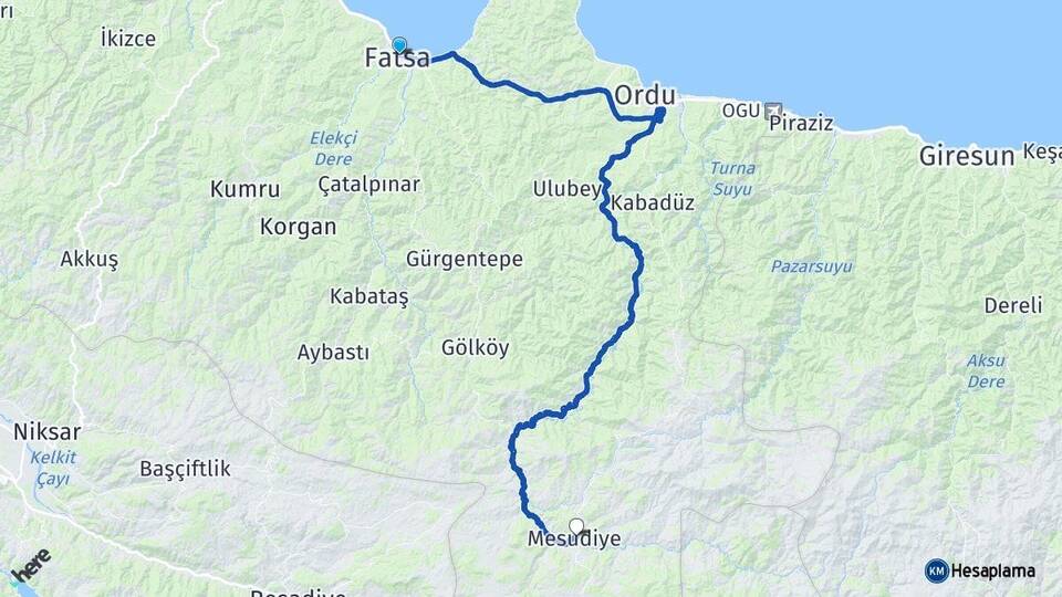 Ordu Fatsa Mesudiye Arası Kaç Km - Yol Haritası