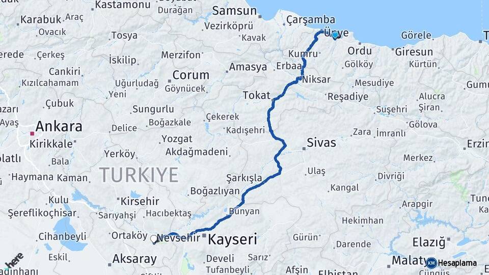 Ordu Fatsa Nevşehir Arası Kaç Km - Yol Haritası