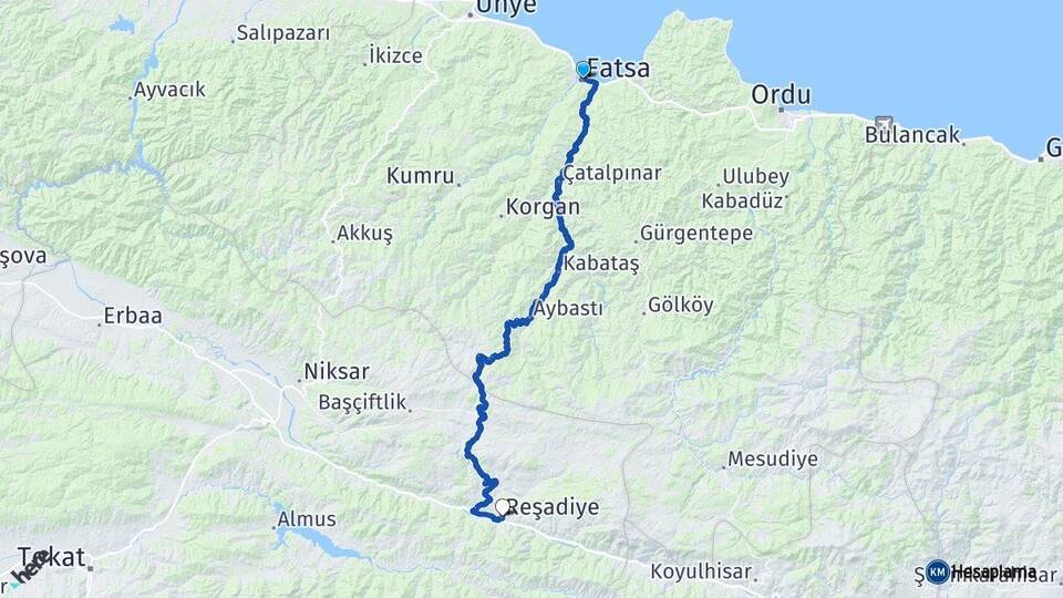 Ordu Fatsa Reşadiye Tokat Arası Kaç Km - Yol Haritası