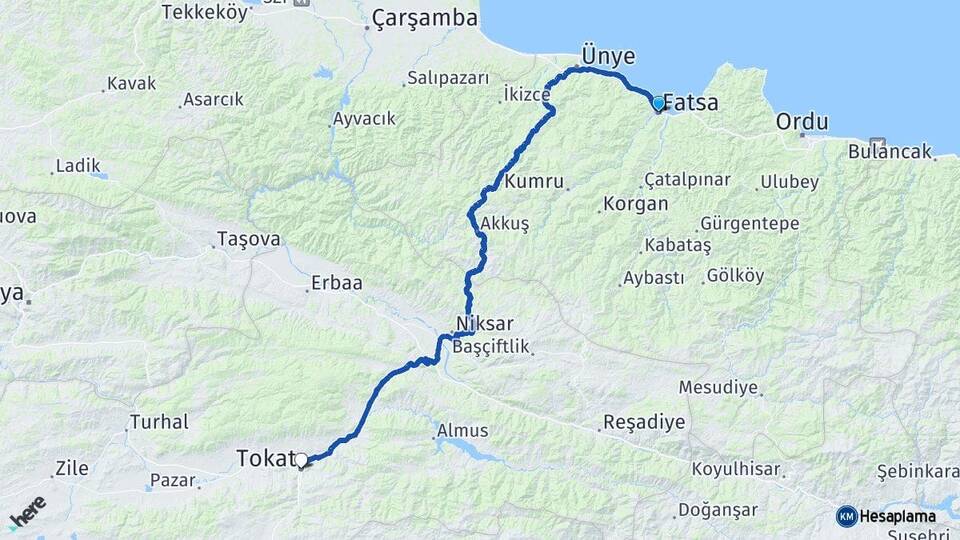 Ordu Fatsa Tokat Arası Kaç Km - Yol Haritası