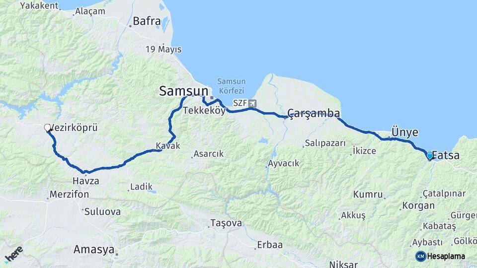 Ordu Fatsa Vezirköprü Samsun Arası Kaç Km - Yol Haritası