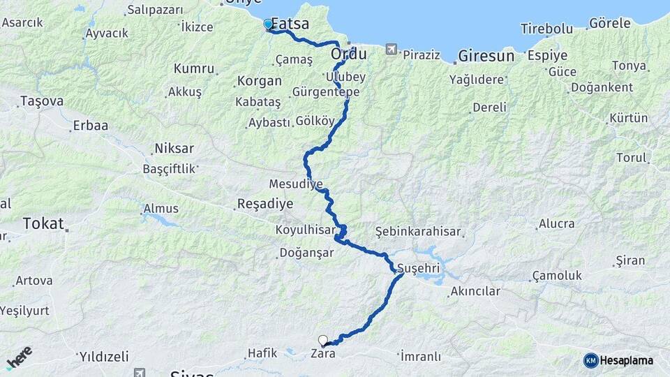 Ordu Fatsa Zara Sivas Arası Kaç Km - Yol Haritası