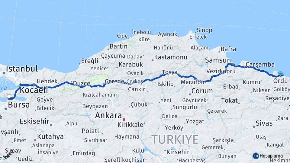 Ordu Gemlik Bursa Arası Kaç Km - Yol Haritası