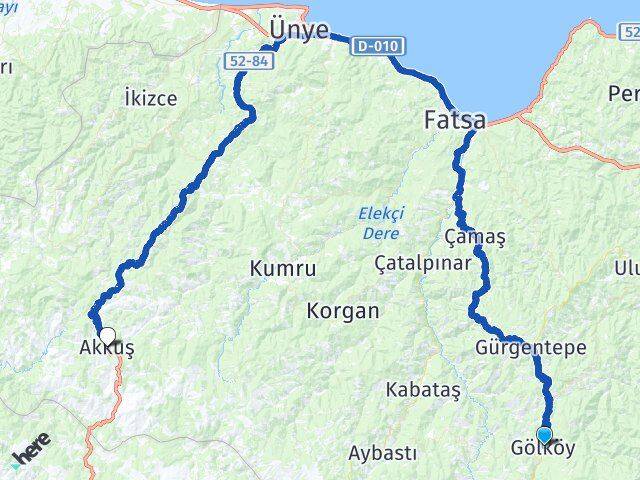Ordu Gölköy Akkuş Arası Kaç Km - Yol Haritası