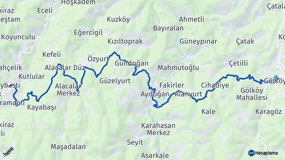 Ordu Gölköy Aybastı Arası Kaç Km - Yol Haritası