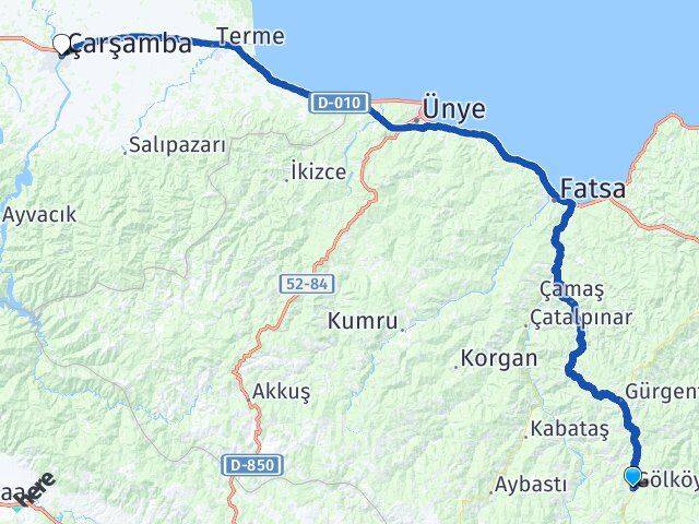 Ordu Gölköy Çarşamba Samsun Arası Kaç Km - Yol Haritası