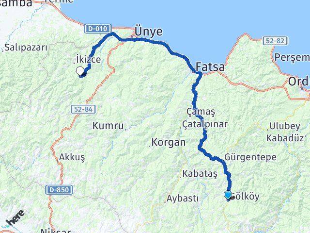 Ordu Gölköy Çaybaşı Arası Kaç Km - Yol Haritası