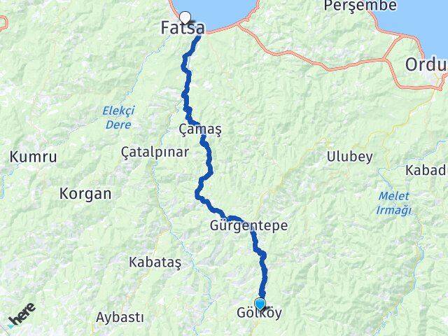 Ordu Gölköy Fatsa Arası Kaç Km - Yol Haritası
