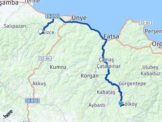 Ordu Gölköy İkizce Arası Kaç Km - Yol Haritası
