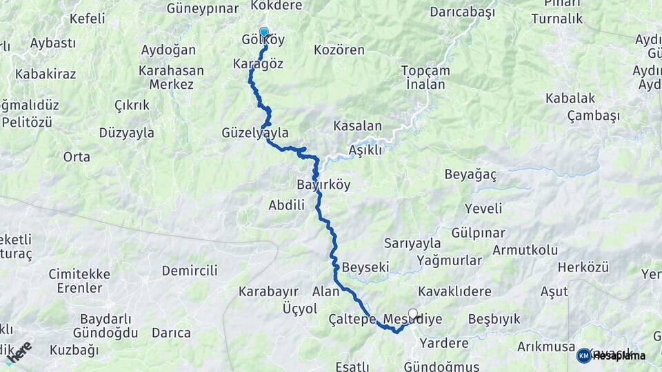 Ordu Gölköy Mesudiye Arası Kaç Km - Yol Haritası