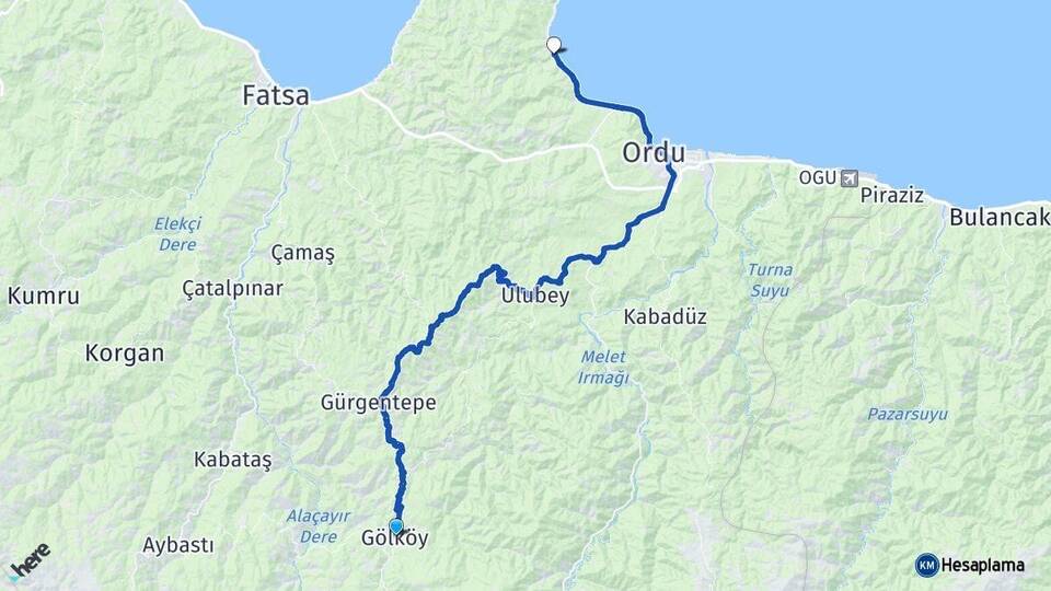 Ordu Gölköy Perşembe Arası Kaç Km - Yol Haritası
