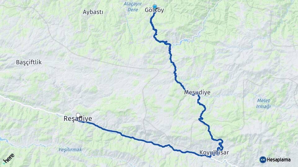 Ordu Gölköy Reşadiye Tokat Arası Kaç Km - Yol Haritası