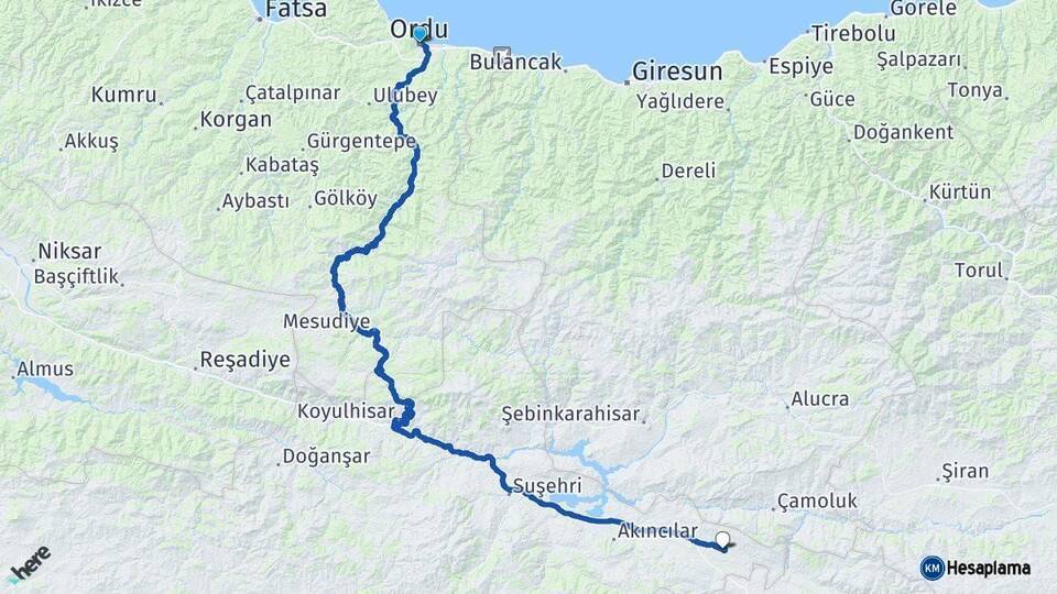 Ordu Gölova Sivas Arası Kaç Km - Yol Haritası