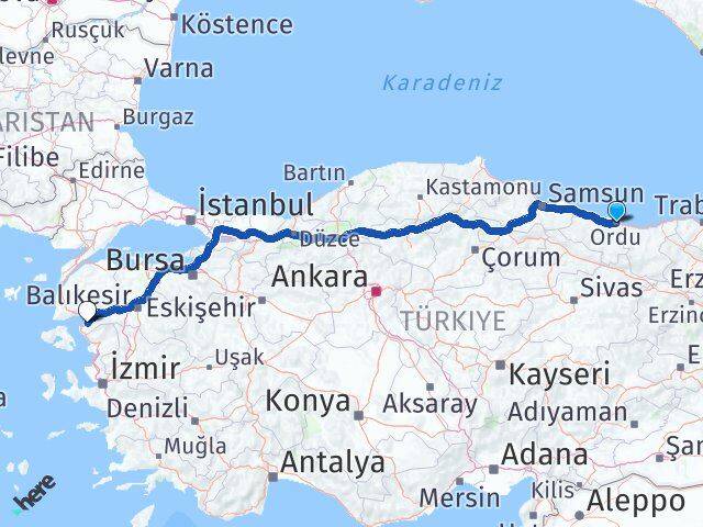 Ordu Gömeç Balıkesir Arası Kaç Km - Yol Haritası