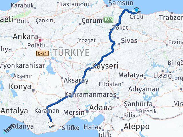 Ordu Gülnar Mersin Arası Kaç Km - Yol Haritası