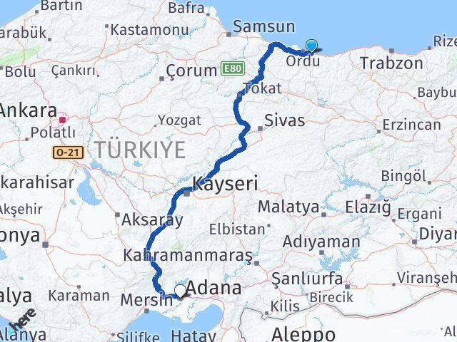 Ordu Gülyalı Adana Arası Kaç Km - Yol Haritası