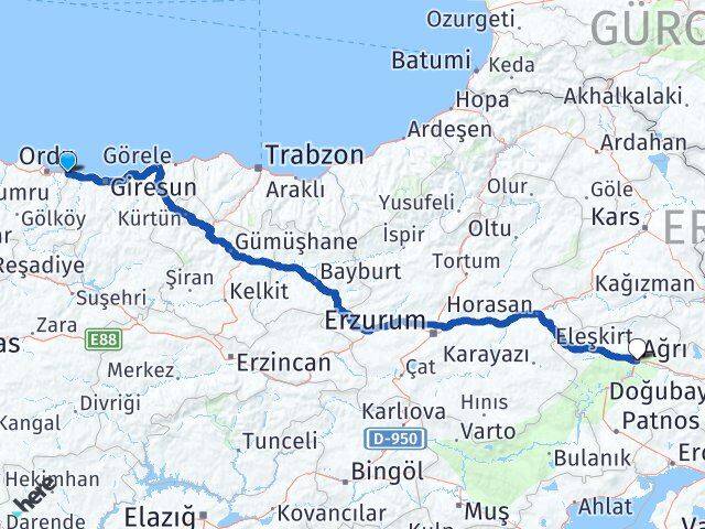 Ordu Gülyalı Ağrı Arası Kaç Km - Yol Haritası
