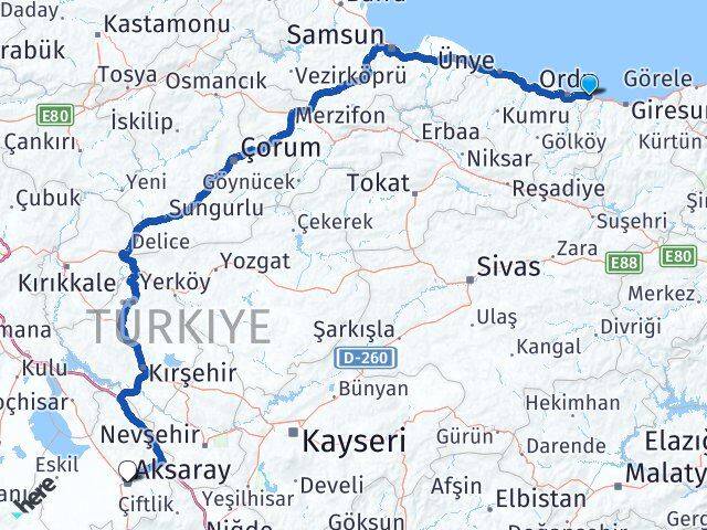Ordu Gülyalı Aksaray Arası Kaç Km - Yol Haritası