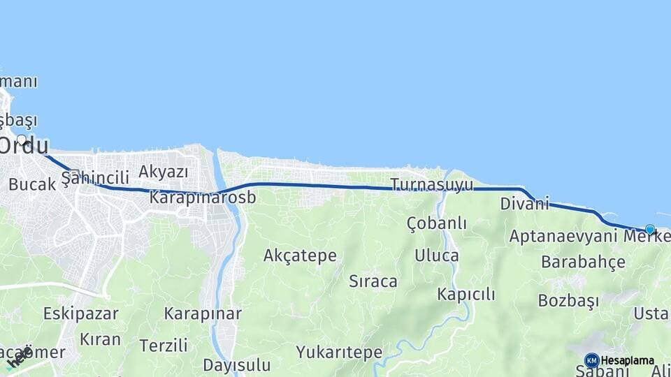 Ordu Gülyalı Altınordu Arası Kaç Km - Yol Haritası