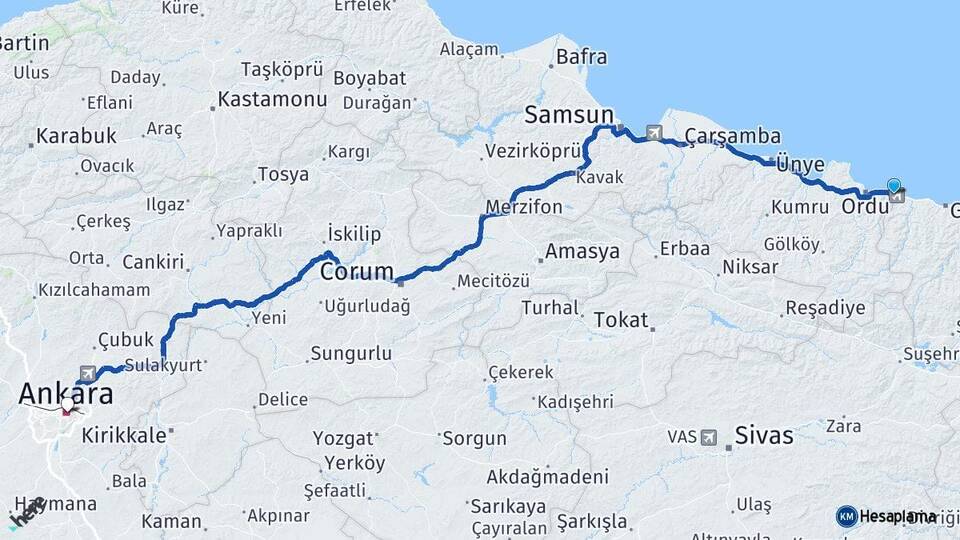 Ordu Gülyalı Ankara Arası Kaç Km - Yol Haritası