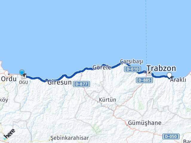 Ordu Gülyalı Araklı Trabzon Arası Kaç Km - Yol Haritası