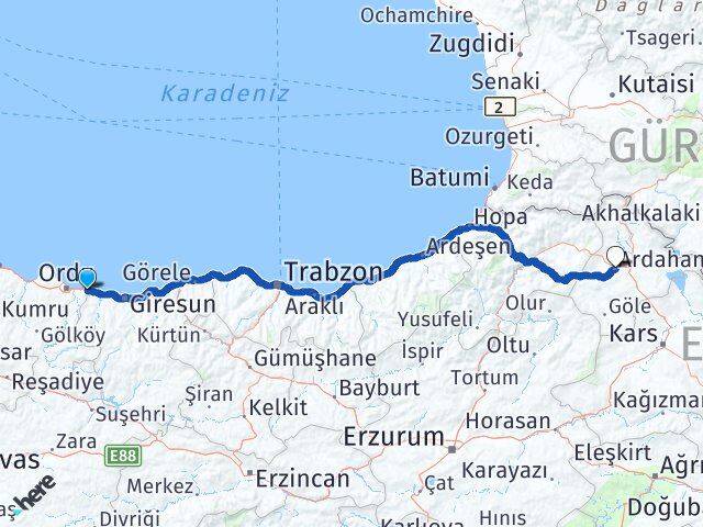 Ordu Gülyalı Ardahan Arası Kaç Km - Yol Haritası