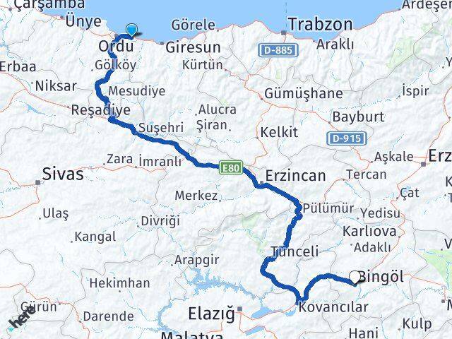Ordu Gülyalı Bingöl Arası Kaç Km - Yol Haritası