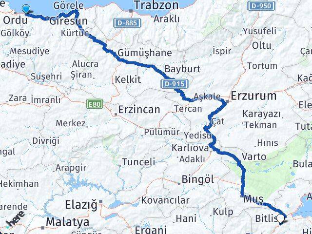 Ordu Gülyalı Bitlis Arası Kaç Km - Yol Haritası