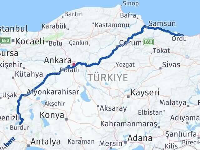 Ordu Gülyalı Burdur Arası Kaç Km - Yol Haritası