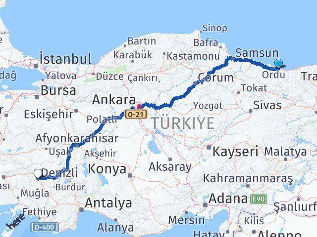 Ordu Gülyalı Denizli Arası Kaç Km - Yol Haritası