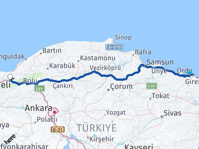 Ordu Gülyalı Düzce Arası Kaç Km - Yol Haritası