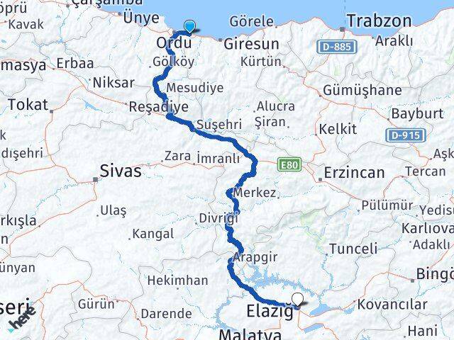 Ordu Gülyalı Elazığ Arası Kaç Km - Yol Haritası