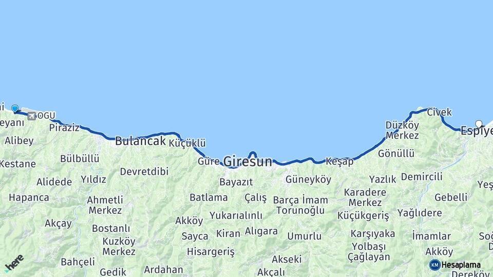 Ordu Gülyalı Espiye Giresun Arası Kaç Km - Yol Haritası