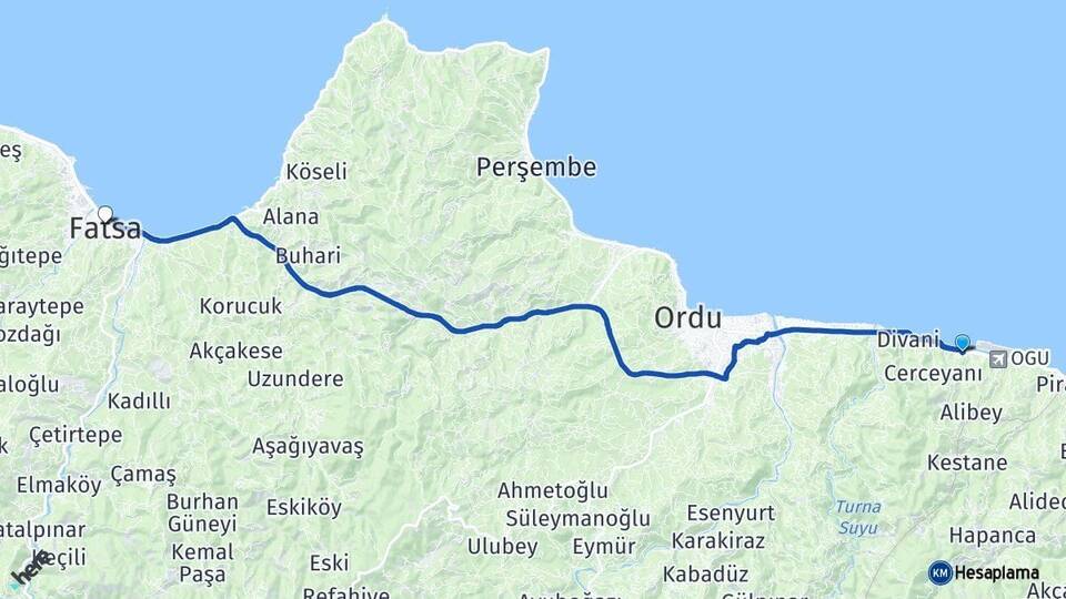Ordu Gülyalı Fatsa Arası Kaç Km - Yol Haritası