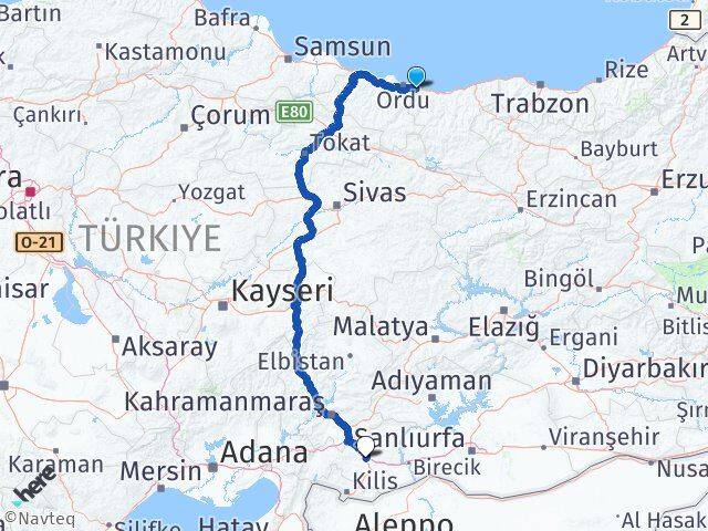 Ordu Gülyalı Gaziantep Arası Kaç Km - Yol Haritası