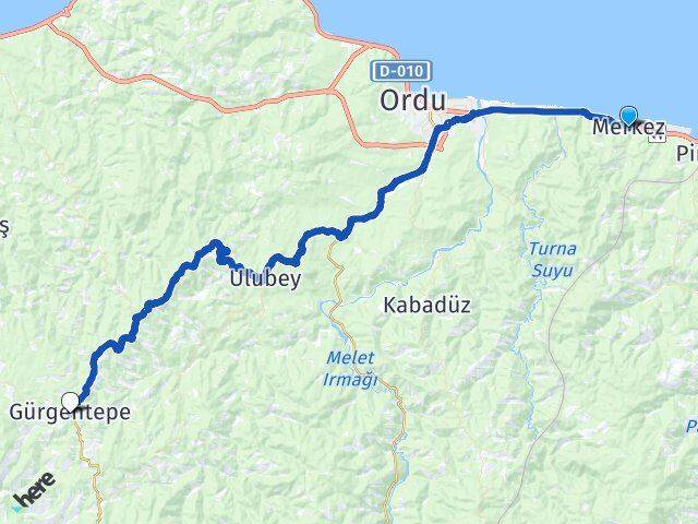 Ordu Gülyalı Gürgentepe Arası Kaç Km - Yol Haritası