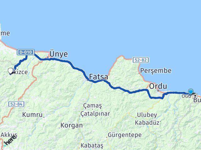 Ordu Gülyalı İkizce Arası Kaç Km - Yol Haritası