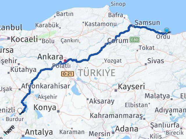 Ordu Gülyalı Isparta Arası Kaç Km - Yol Haritası